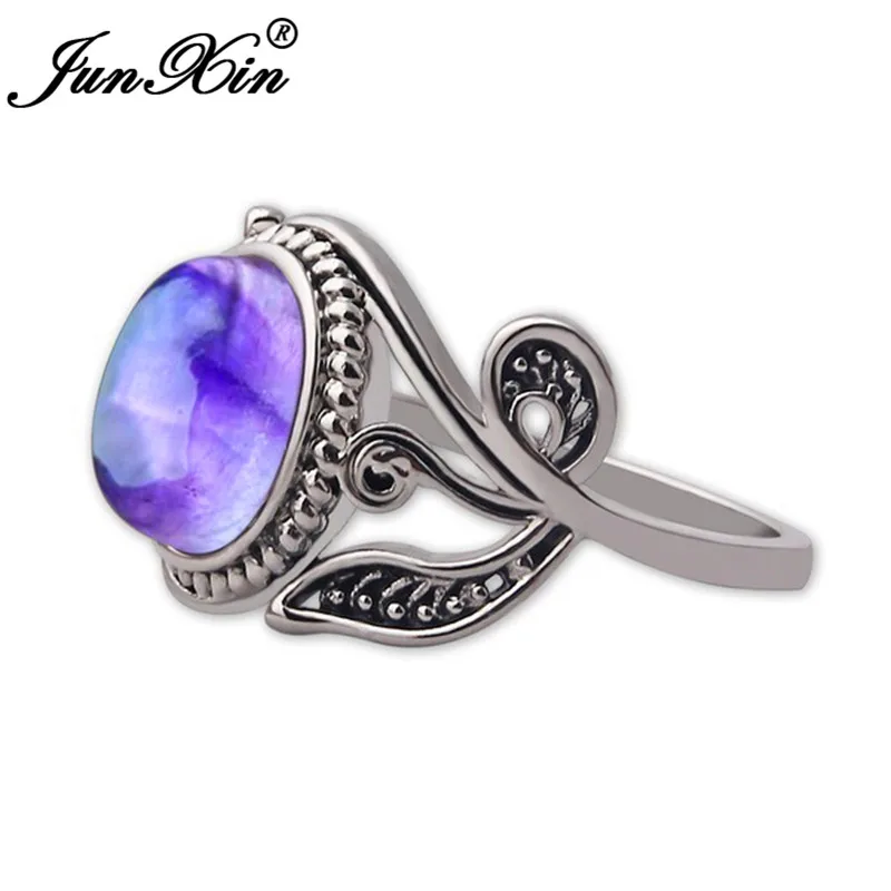 JUNXIN Female Rainbow Purple Moonstone Rings For Women Antique 925 Silver Filled Round Opal Stone Wedding Ring Female Jewelry