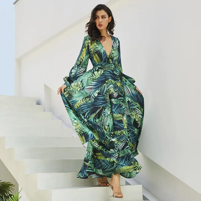 

Women Long Maxi Dress Boho Casual Floral Print Long Sleeve V Neck Evening Party Banquet Beach Dress Sundress Dress Vestido