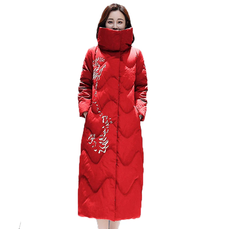 Длинное Элегантное теплое зимнее пальто с вышивкой женская одежда Украина размера плюс отложной воротник куртка с хлопковой подкладкой A801