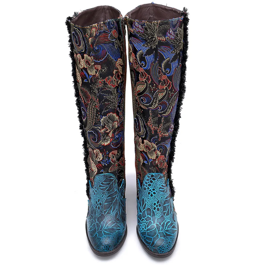 Retro Bohemian Knee High Boots Women Shoes Genuine Leather Cowgirl Women Boots Autumn Winter Vintage Zip Block Colors High Heels (2)