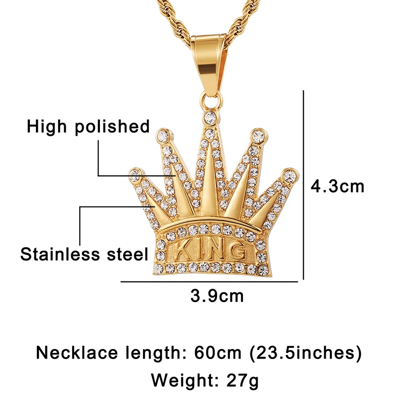 Хип хоп Полный AAA Iced Out Bling кубический циркон корона король CZ кубический циркон нержавеющая сталь ожерелья и подвески для мужчин ювелирные изделия