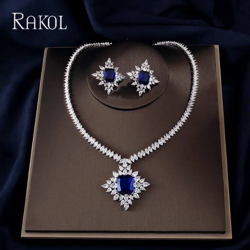 RAKOL Экстрим роскошный большой квадратный кубический цирконий кулон ожерелье цепь снег кристалл серьги-гвоздики набор украшений для женщин