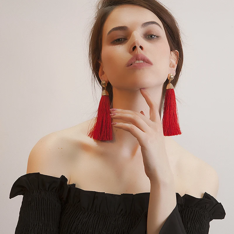 Fashion Red Tassel Bridal Dress Accessories Long Tassel Earrings Gold