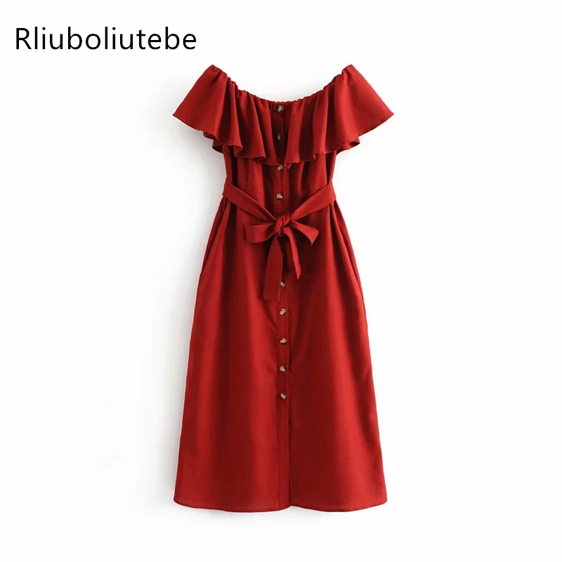 

summer off shoulder ruffles shirt dress women short sleeves with belt bow red work office Linen dresses cold shoulder slash neck