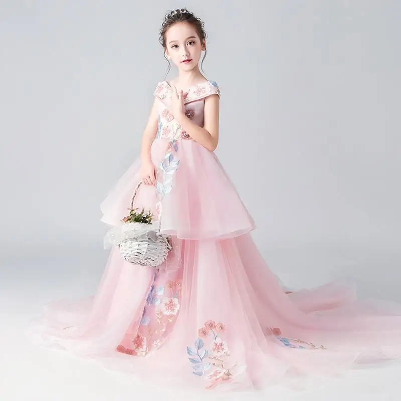 

2019 Kids Girl Lace Tulle Prom Gown Children Beads Pageant First Communion Dress Teen Girl Sequins Wedding Trailing Dress Q831