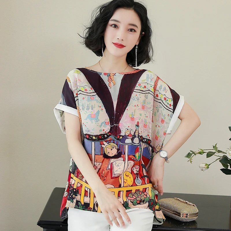

Korean Fashion Silk Women Blouses Satin Print Short Sleeve Women Shirts Plus Size XXXL Womens Tops and Blouses Ladies Tops