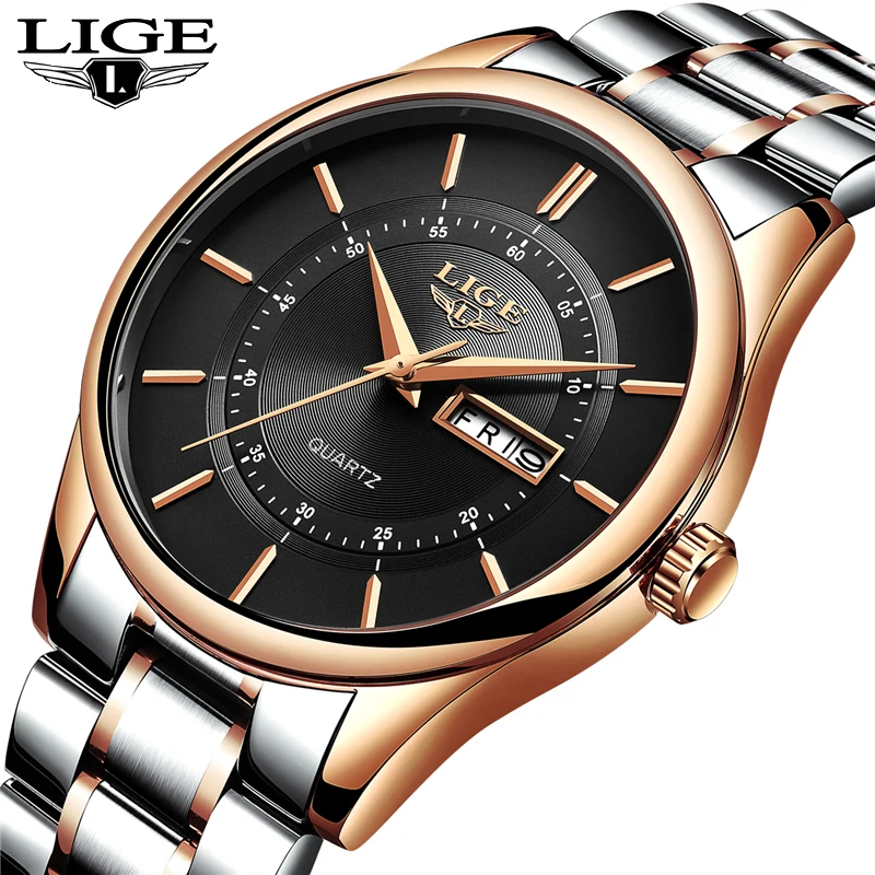 

2018 New Men Watch Brand LIGE Men's Simple Fashion Quartz Watches Stainless Steel Rose Gold Black Business Waterproof Male Clock