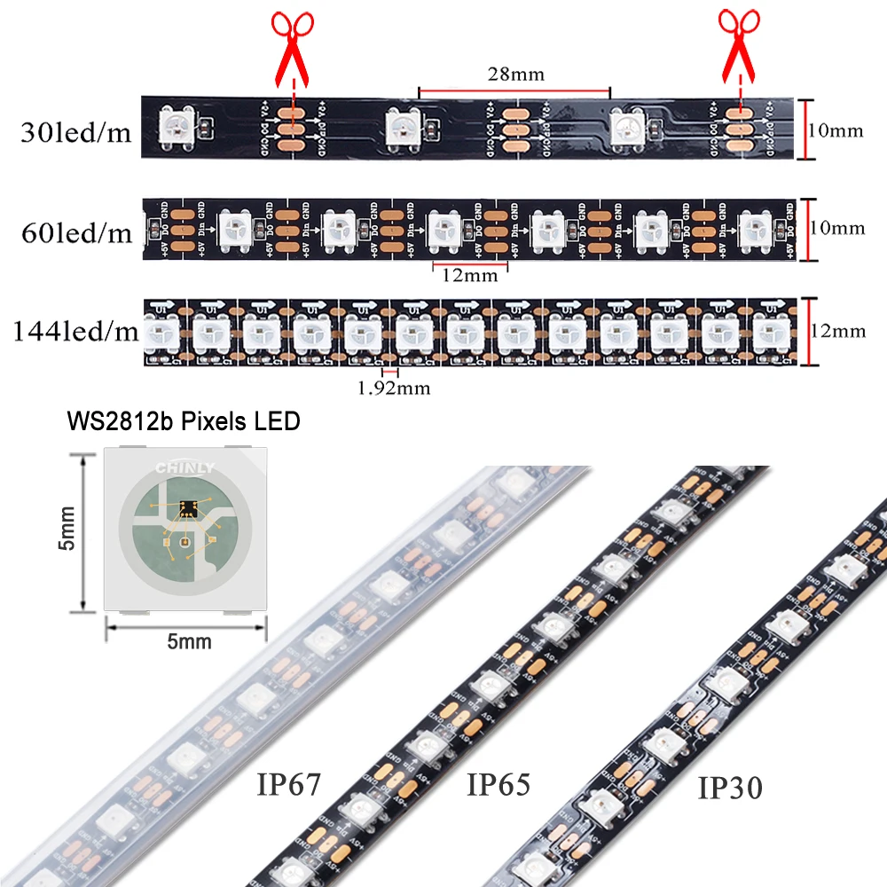 DC5V 1m/4m/5m WS2812B Smart led pixel strip,Black/White PCB,30/60/144 leds/m WS2812 IC;WS2812B/M 30/60/144 pixels,IP30/IP65/IP67
