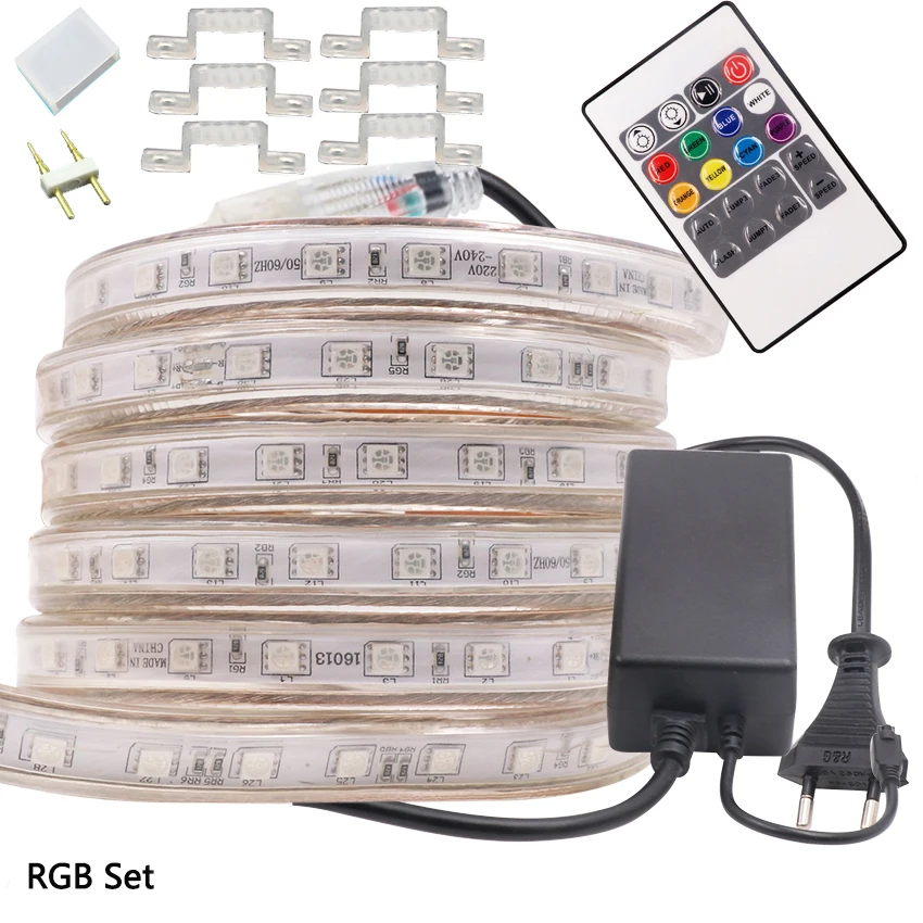 #cheap RGB led strip 220V 240V 5050 Waterproof Flexible Led Tape Light White 60leds m 1M 5M 10M 15M 20M 25m 50m 100m + Power plug kit