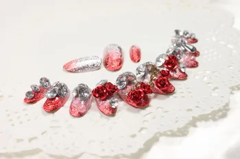 

24pcs/set Gradient of Red Fake Nails Rhinestone Flower Decoration Finger False Nail Tips for Women unhas posticas