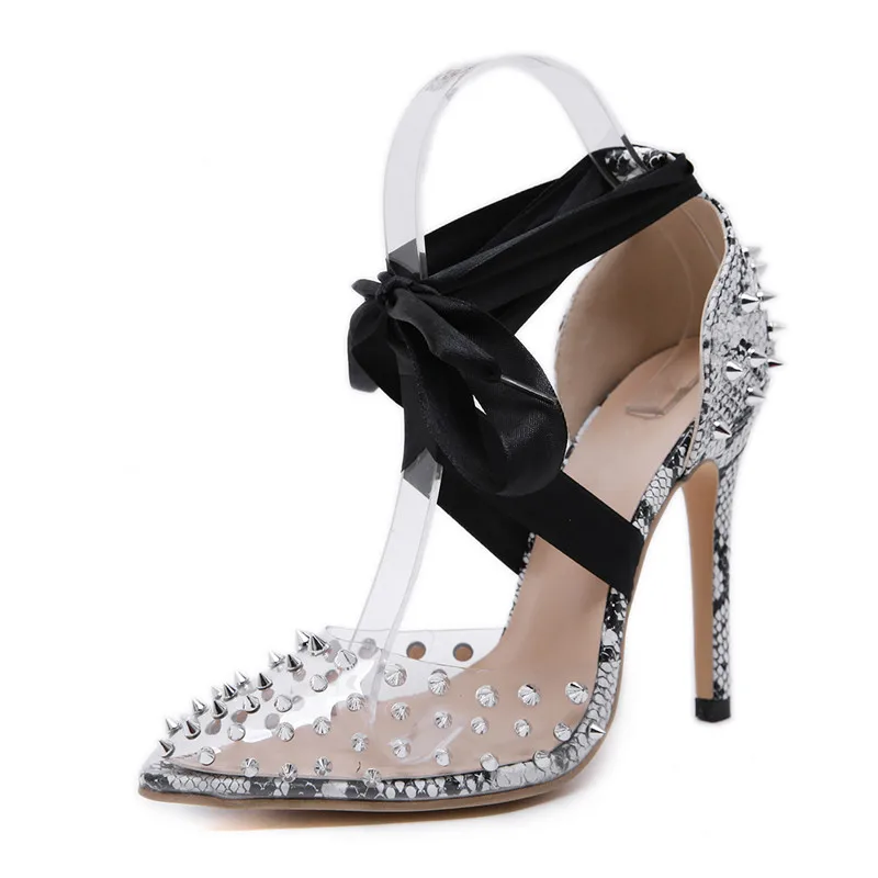 Женские туфли-лодочки на очень высоком каблуке 12 см с заклепками из прозрачного ПВХ пикантные женские летние туфли на тонком каблуке с перекрестной шнуровкой и ремешком на щиколотке для вечеринки - Цвет: Black