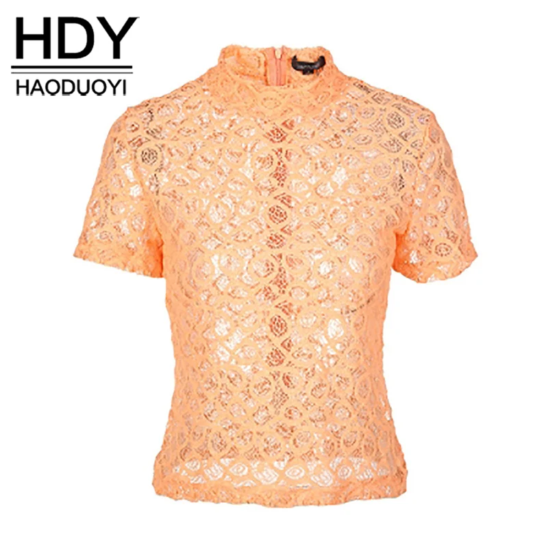 HDY Haoduoyi модные Кружевные Прозрачные топы для женщин с коротким рукавом Женские