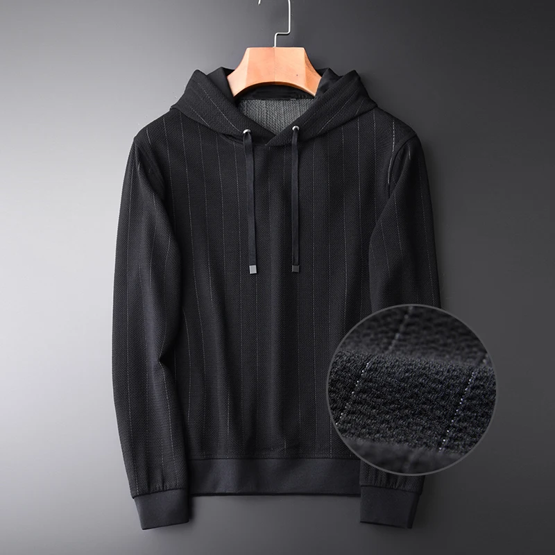 Minglu Hooded Hoodies Men Fashion Luxury Knit Vertical Stripe