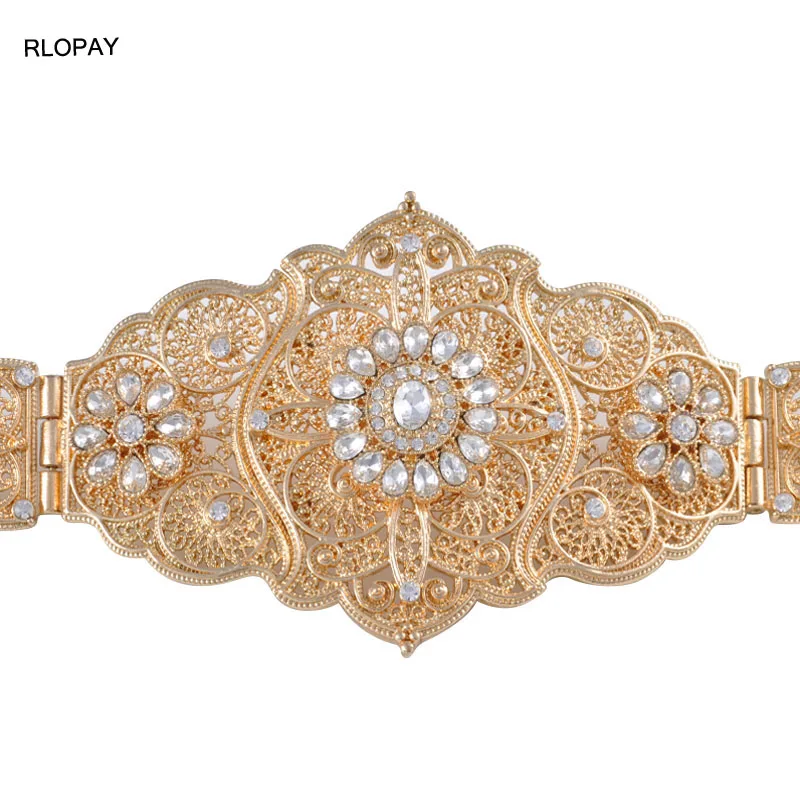 

European Women Hollow Flower Waist Chain Crystal Gold-Color Metal Belt Belly Chain Arabic Royal Wedding Dress Belts