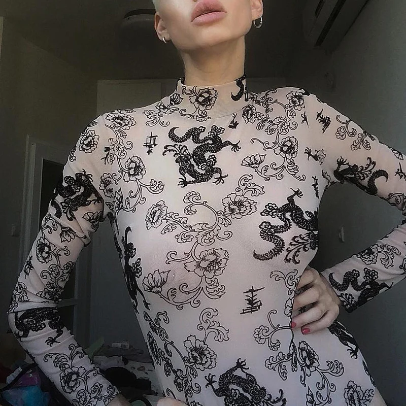 InstaHot التنين طباعة طويلة الأكمام داخلية النساء شفافة موك الرقبة بسط Playsuits انظر من خلال مرونة قمم 2018 الخريف InstaHot التنين طباعة طويلة الأكمام داخلية النساء شفافة موك الرقبة بسط Playsuits انظر من خلال مرونة قمم 2018 الخريف