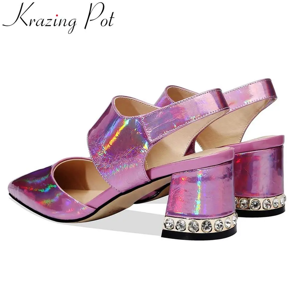 

Krazing pot luxury design patent leather women sandals hook&loop crystals thick high heels high quality mature women shoes L56
