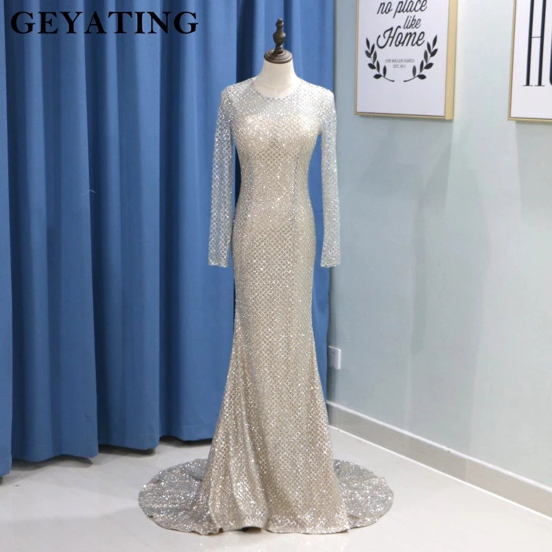 Glitter Silver Gold Sequins Evening Dress Long Sleeves Bodycon Elegant Women Formal Dress 2019 Saudi Arabia Dubai Prom Dresses Glitter Silver Gold Sequins Evening Dress Long Sleeves Bodycon Elegant Women Formal Dress 2019 Saudi Arabia Dubai Prom Dresses