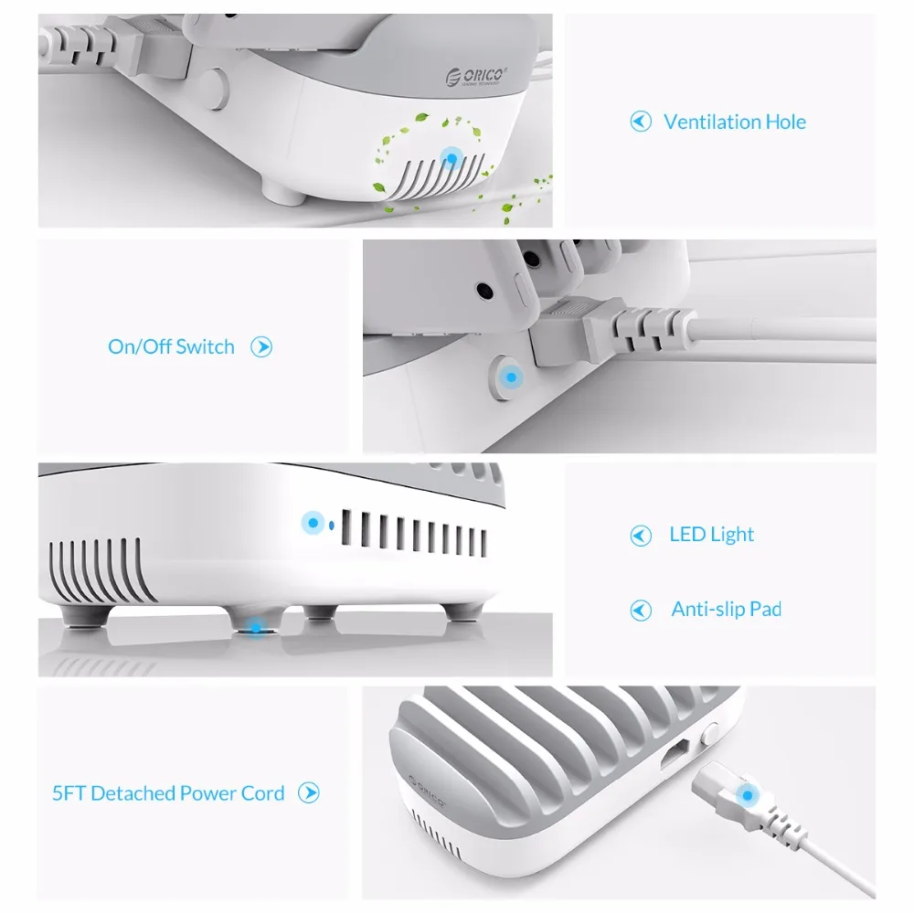  ORICO 10 Ports USB Charger Station Dock with Holder 120W 5V2.4A*10 USB Charging for Smart Phone Tab