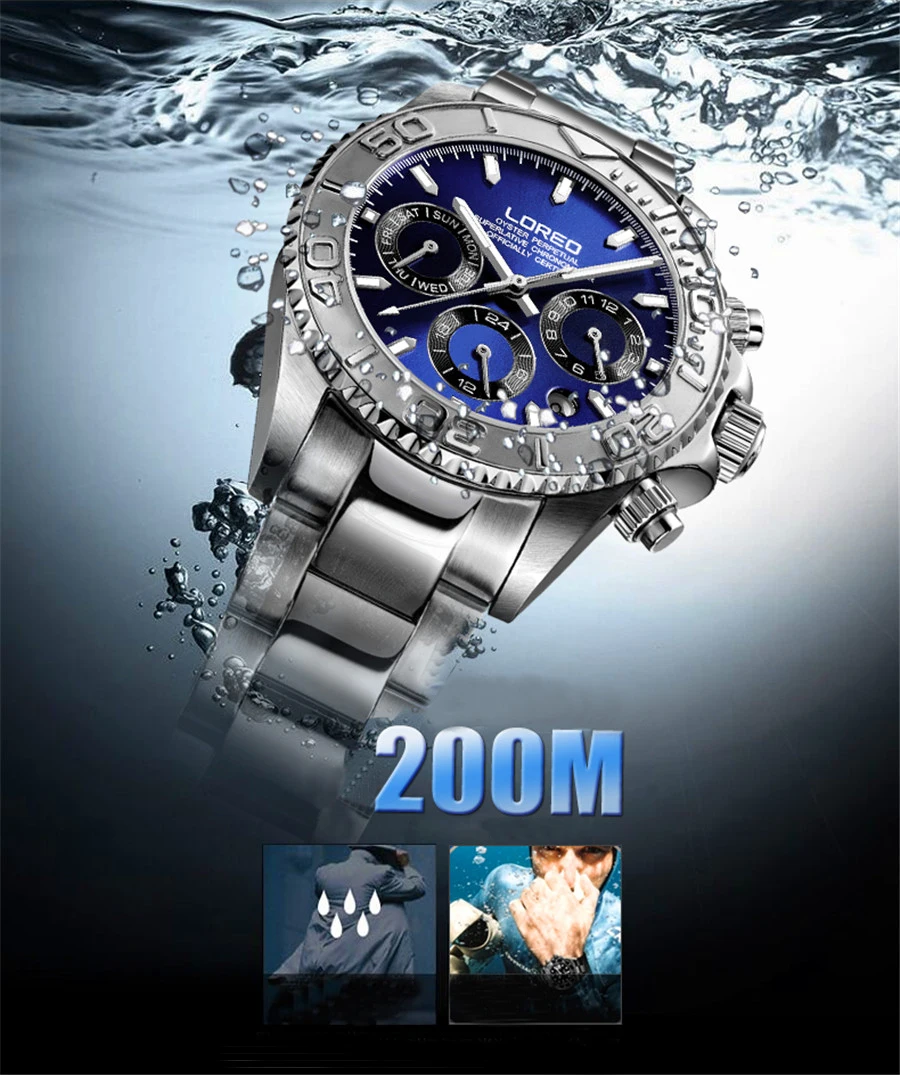 LOREO мужские часы Авто Дата, сапфировое спортивные часы из нержавеющей стали, сильные светящиеся водонепроницаемые 200 м Механические наручные часы для ныряльщика