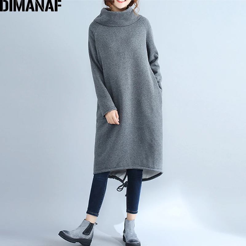 

DIMANAF Women Long Dresses Turtleneck Cotton Thicken Warm Female Clothes Lady Elegant Vestido Plus Size Dress 2019 Autumn Winter