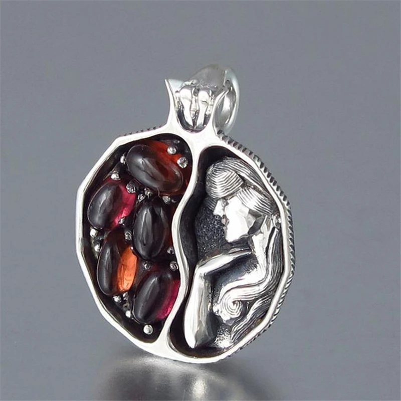 BOAKO ожерелье из натурального камня женское винтажное красный драгоценный камень ожерелье с кристаллами девушка резное дерево гранат Фрукты ожерелье нержавеющий кулон K3 - Окраска металла: silver figure