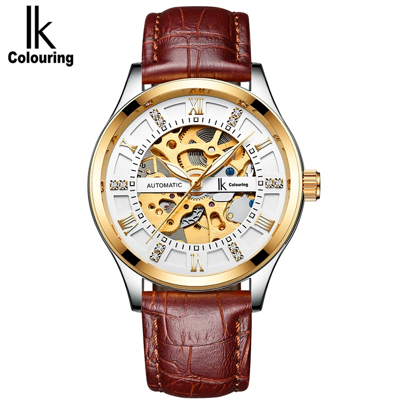 IK раскраски для мужчин's деловые часы Autmatic Self ветер кожаный Скелет Wristwathces Montre Reloj