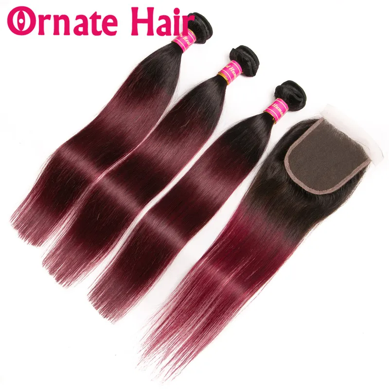 

Ornate Pre-Color Human Hair Bundles With Closure Ombre Brazilian Straight Hair Extension With Lace Closure T1b99j Non Remy Hair