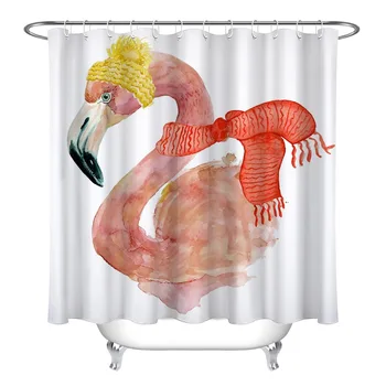 

72'' Christmas Pink Flamingo With Yellow Hat Red Scarf Bathroom Waterproof Fabric Shower Curtain 12 Hooks Bath Accessory Sets