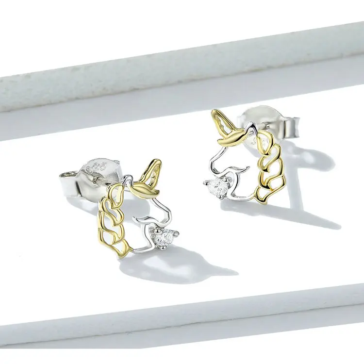 Unicorn Earrings BISAER 925 Sterling Silver Pure Love Licorne Unicorn Exquisite Stud Earrings for Women Silver Jewelry EFE234