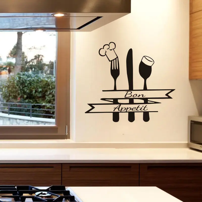 

French Quote Kitchen Wall Decal Bon Appetit Sign Fork Spoon With Chef Head Vinyl Sticker Home Decor Dining Room Waterproof Z873