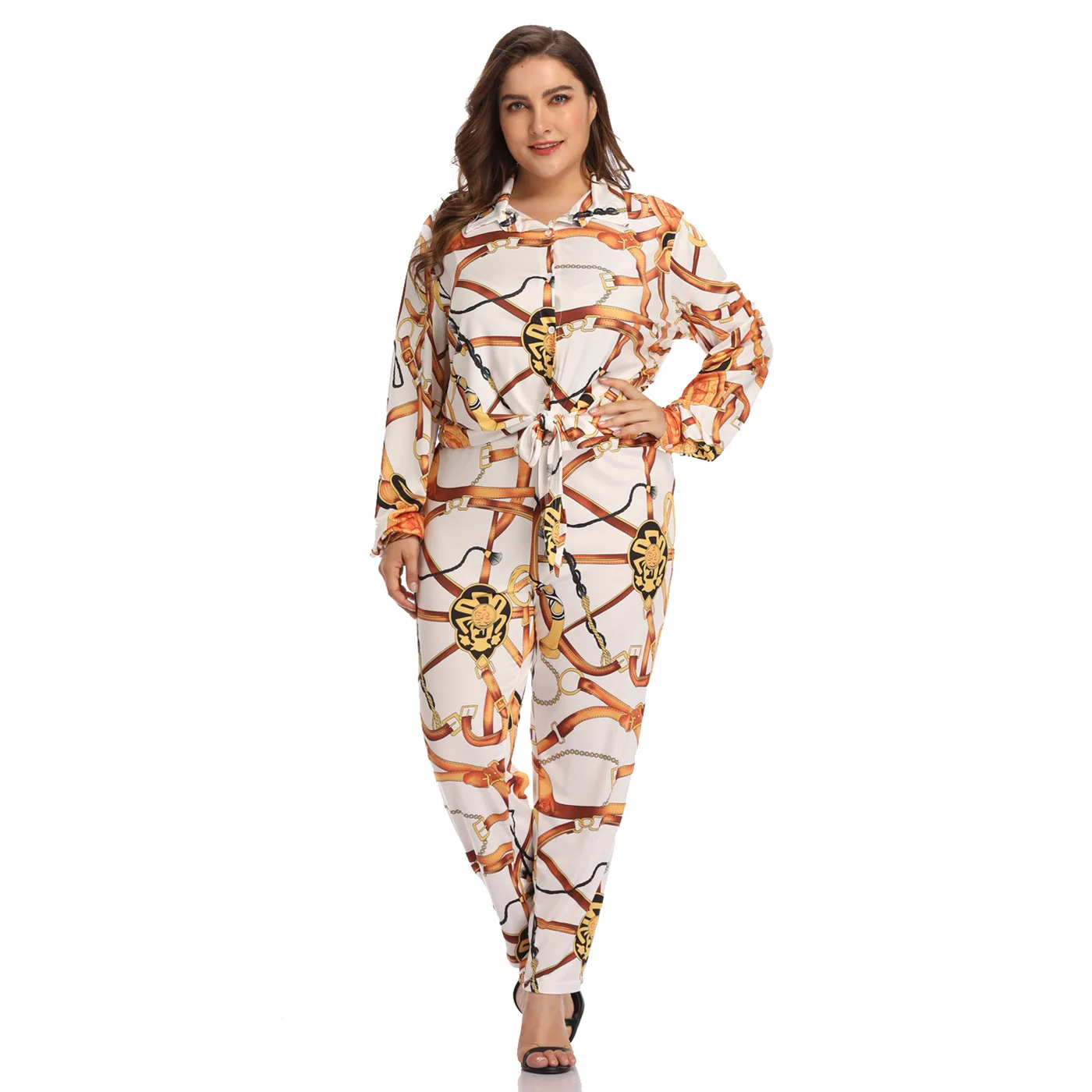 

2piece Set Women 2019 Autumn New Large Size Long-sleeved Lapel Button Casual Trousers Female Two-piece Chandal Mujer 2 Piezas