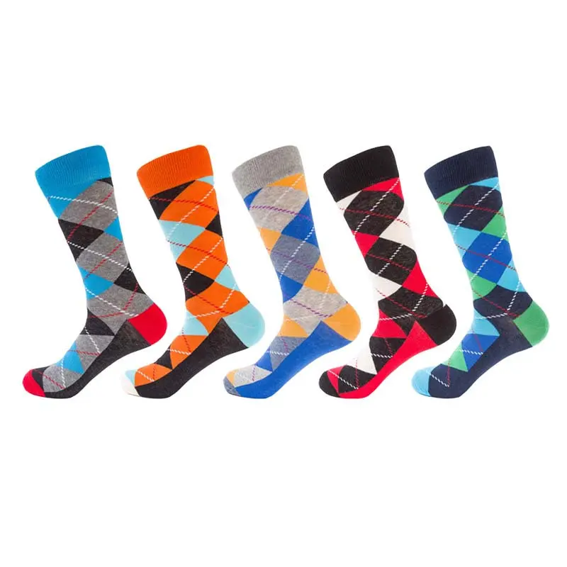 5 colors mens happy socks 5 pairs/lot high quality cotton sock color rhombus lattices man sock