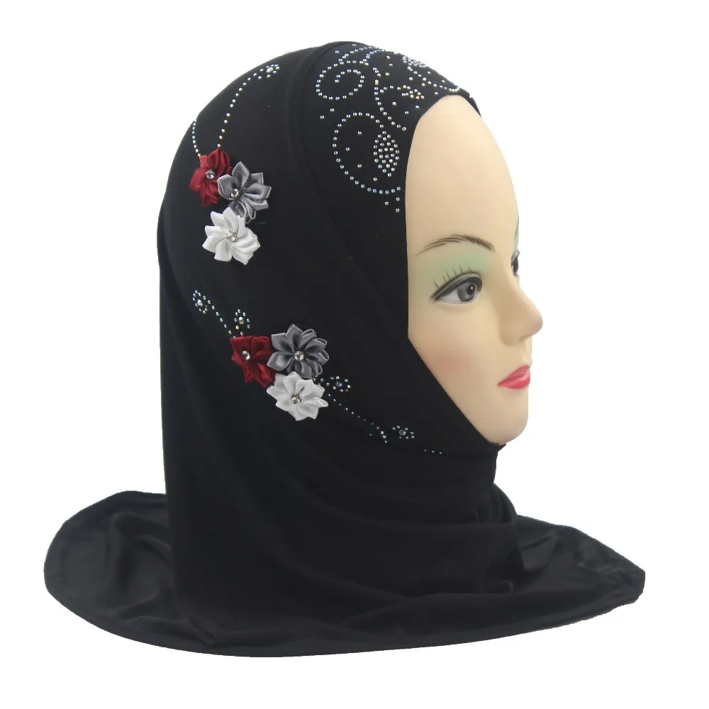 

Girls Kids Muslim Hijab Islamic Arab Scarf Shawls with 6 Beautiful Flowers about 45cm for 1 to 5 years old Girls