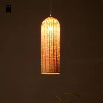 

Delicate Bamboo Hand-Woven Wicker Rattan Basket Long Cylinder Pendant Light Fixture Asian Japanese Lamp Dining Study Tea Room
