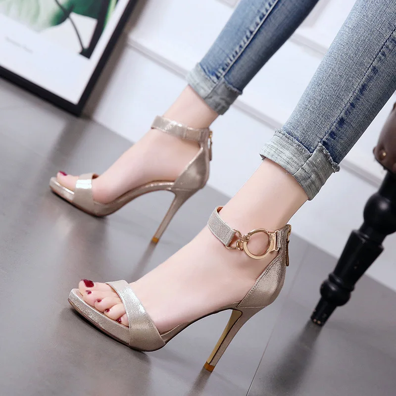 

New Women Sandals Shoes Concise Shallow Back Zipper Metal Buckle 9cm Thin High Heels Solid Lady Party Female Pumps Shoes