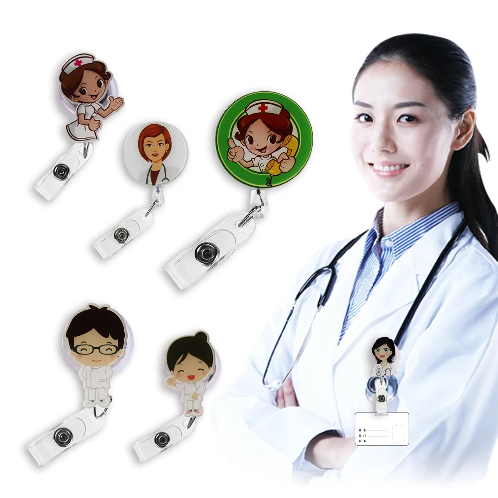 1Pcs Cute Cartoon Mini Retractable Badge Reel Nurse Lanyards ID Name Card Badge Holder Clip Student Nurse Badge Holder