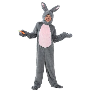 

Child Grey Bunny Costume Cosplay Halloween For Kids Bodysuits Animal Winter Warm Rabbit Clothing