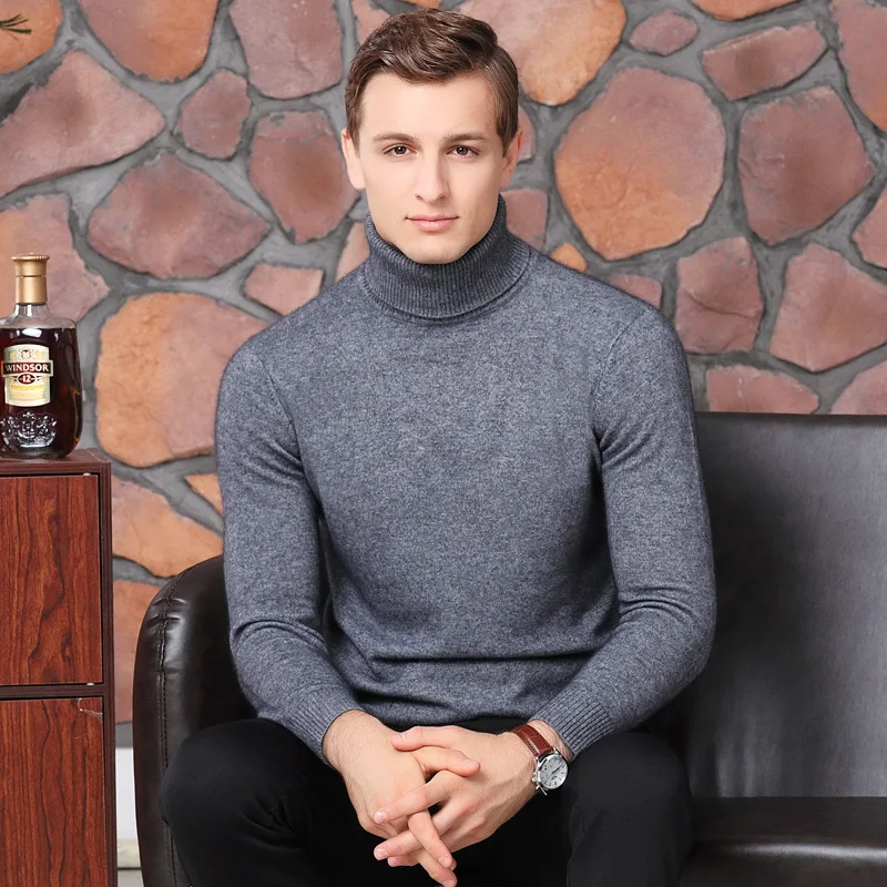 Brand Men's Cashmere Sweater 2019 New High Collar Men's Sweater Solid Color Velvet Long-Sleeved Winter Shirt Sweater (27)