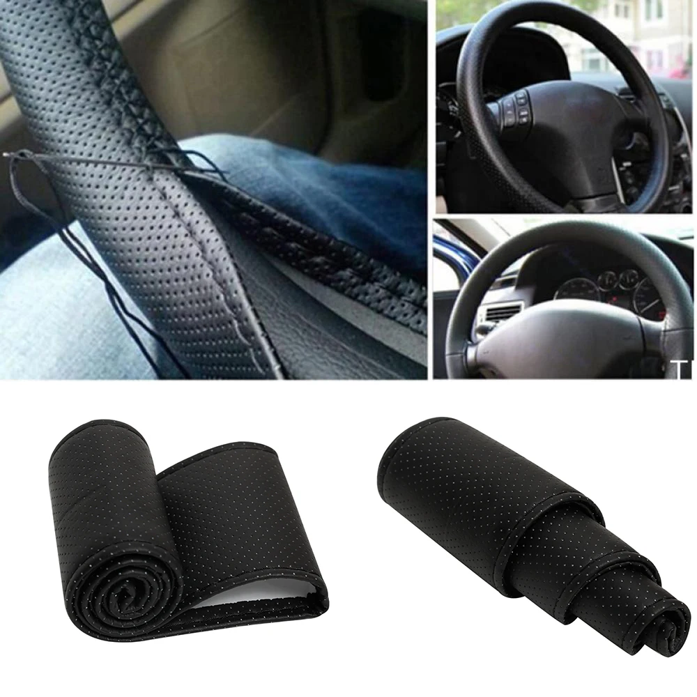 

Hot Sell DIY Handmade Car Truck Steering Wheel Cover Black With Needles and Thread Black PU Leather Drive Protector Accessories
