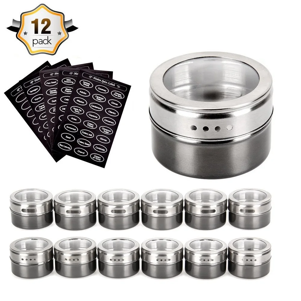 

12 Magnetic Spice Tins, Stainless Steel Storage Spice Containers Magnetic on Fridge, Spice Jar rack Organizers with Spice Labels