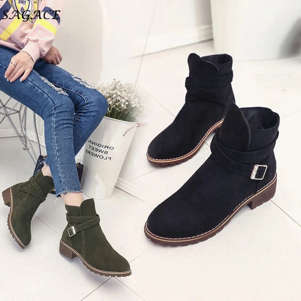 Prix SAGACE Chaussures Femmes Cheville Flock Bottes Chaud Automne Hiver Chaussures Solide Romon Moyen 3 cm Talon Martin Chaussures casual boucle Bottes
