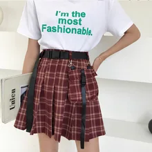 Модные женские юбки клетчатая юбка в складку уличная стильная короткая юбка с поясом нежная женская сумка с карманами черная Дамская Асимметричная юбка