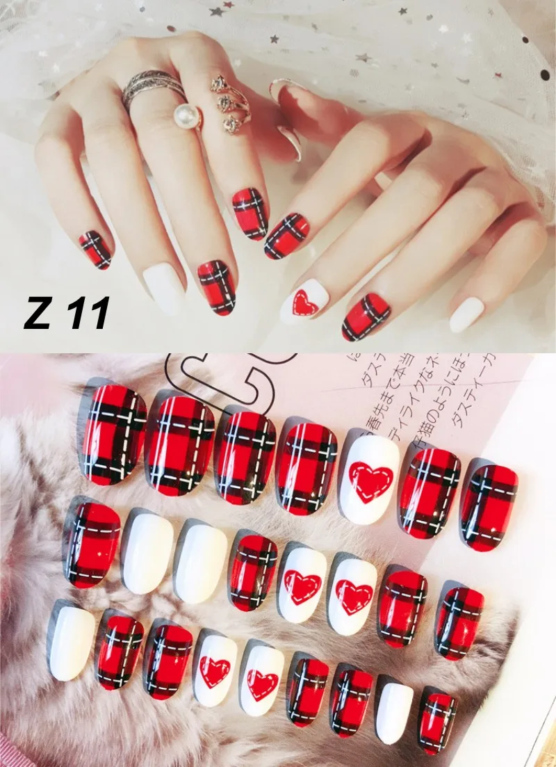 24 Pcs/Set False Nails Full Cover Artificial Fake Nails Press On Tips Painted Design Stickers Short Art Tips with Color Cute Red - Цвет: Z 11