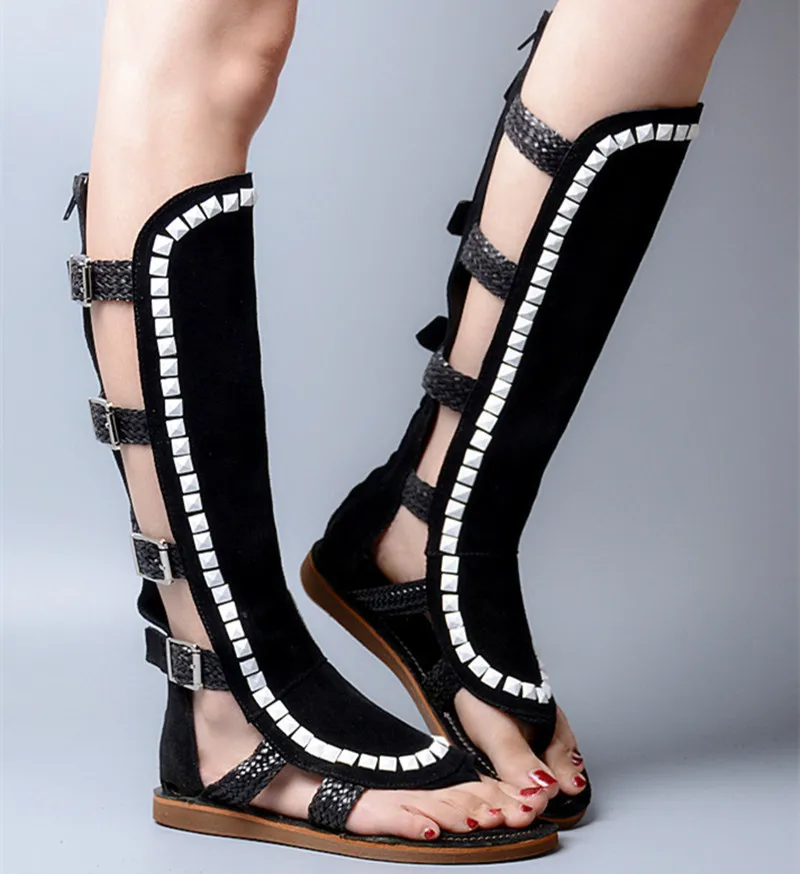 white knee high sandals