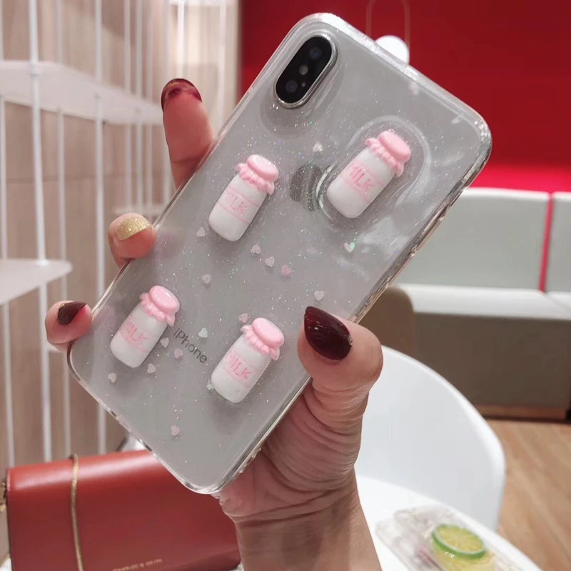 

Cute 3d Milk Drink Bottle Coque Cases For iPhone X 6 6S 7 8 Plus Glitter Transparent Phone Back Cover For iphone X XS Max XR
