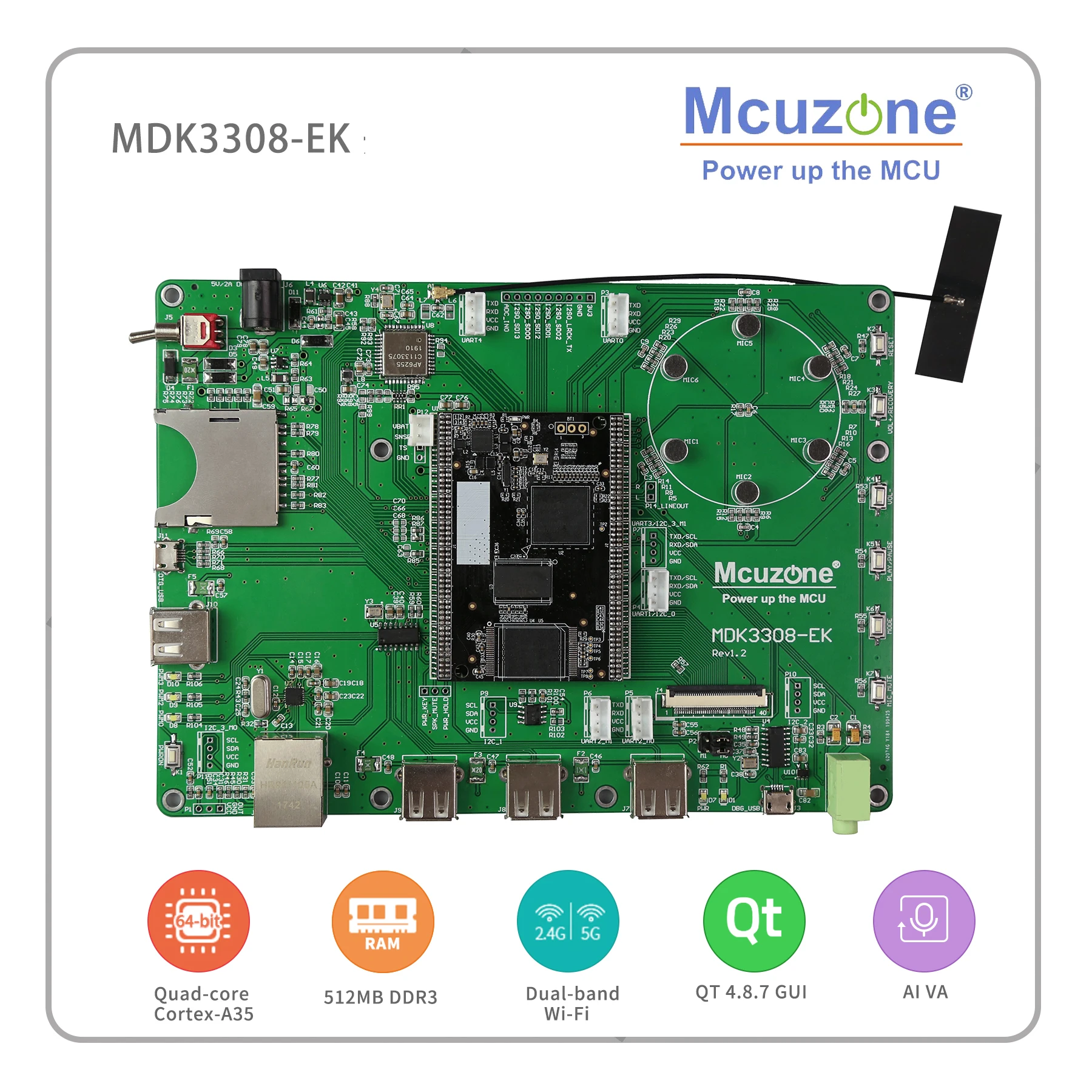 Rockchip RK3308 на основе MDK3308 coreboard, четырехъядерный Cortex-A35 до 1,3 ГГц, 256/512 Мб DDR3/3L 256 Мб NAND 8 ГБ eMMC, AI VA