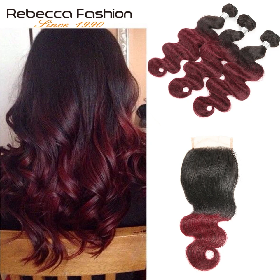 Pacotes de Rebecca Ombre com Fechamento Onda do Corpo Pacotes com Fechamento de Renda 8 a 28 Dois Tons Peruano Não Remy 30 4x4 T1b - 99j 1 Pacotes com 3/4 com fecho