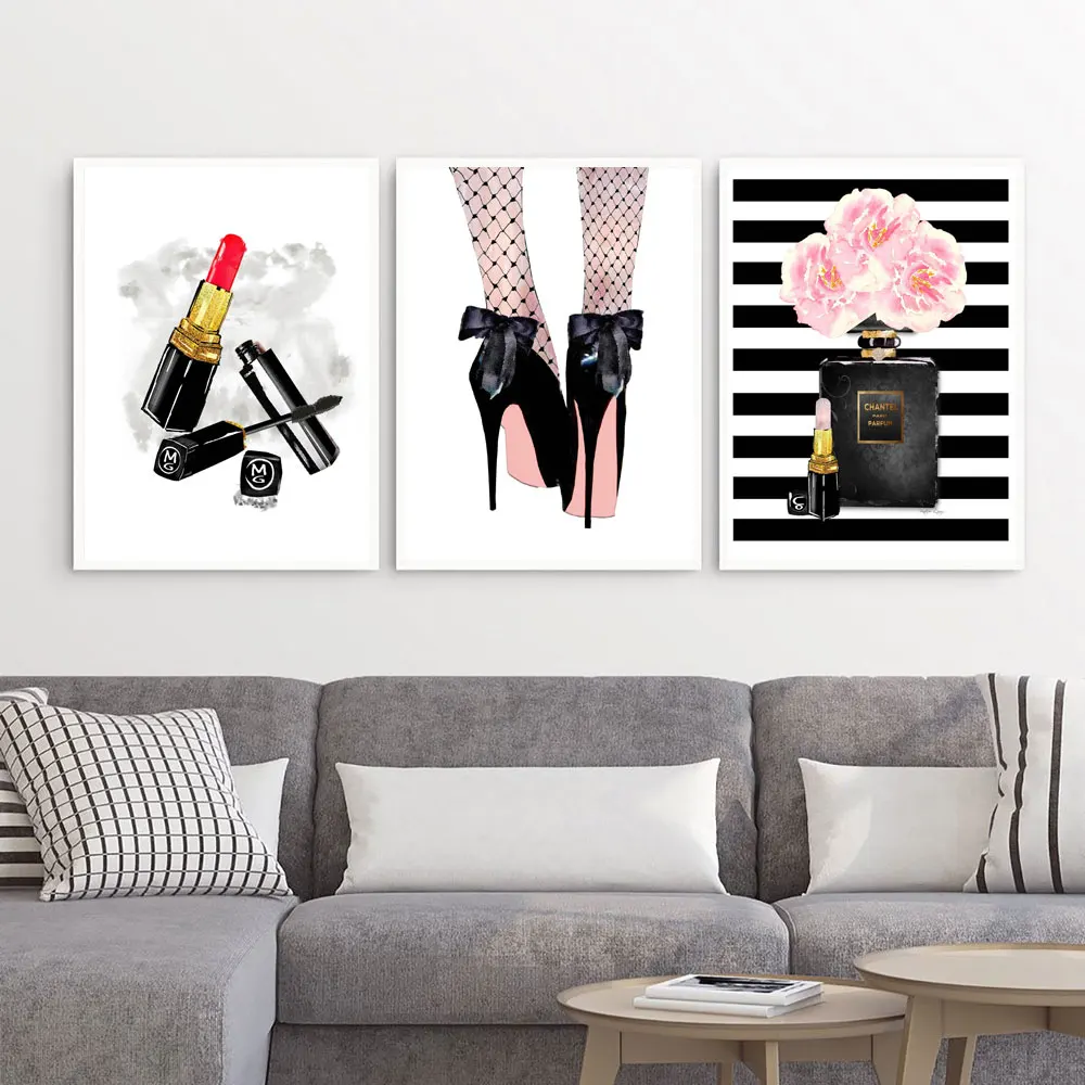 

Fashion Girl Paris Perfume Flower High heels Lipstick A4 Nordic Posters And Prints Wall Art Canvas Painting Pictures Living Room