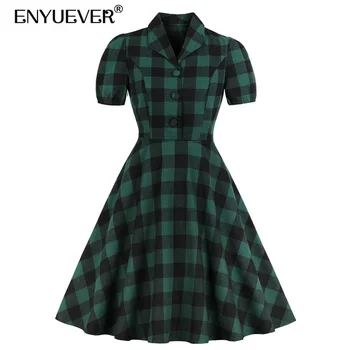 

Enyuever Green Plaid Dress Summer Women 2019 Short Sleeve Button Vestido Casual Office Robe Vintage 50s Rockabilly Dress Elegant