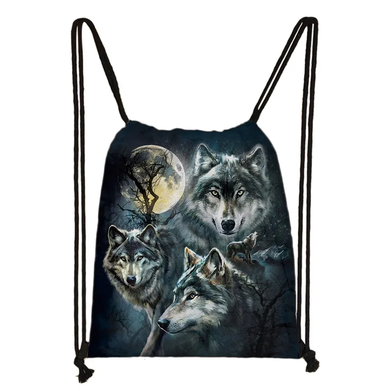 Крутой Воющий волк печати drawstring сумка для женщин и мужчин сумки для хранения для путешествий softback холщовый рюкзак